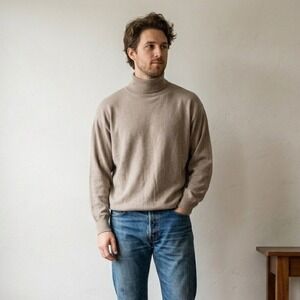 Vintage 90s Alan Austin Sweater Mens Medium Tan Turtleneck Knit Made in Italy